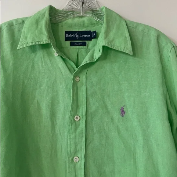 Ralph Lauren Men’s Classic Fit Solid Green Linen Button-Down Shirt size Medium - Picture 5 of 13